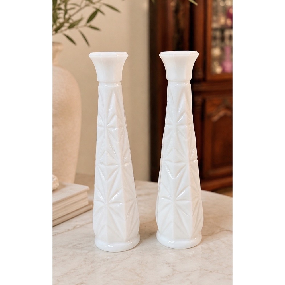 Vintage Milk Glass Bud Vases Pair 9" Starburst Pattern MCM White Decor